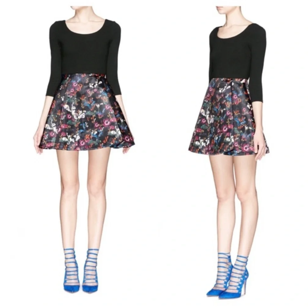 alice + olivia‎ Amie Fall Garden Print Black Long Sleeve Fit Flare Dress Sz 6 - Picture 9 of 16